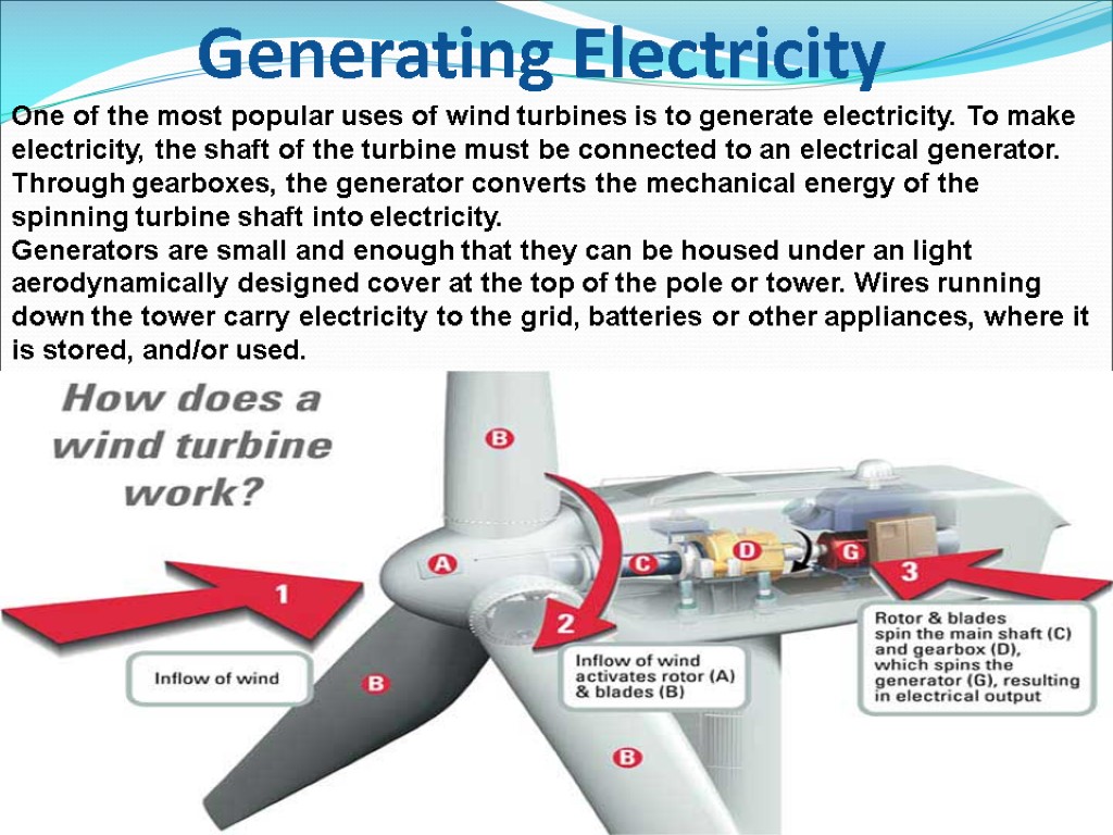 Generating Electricity One of the most popular uses of wind turbines is to generate
